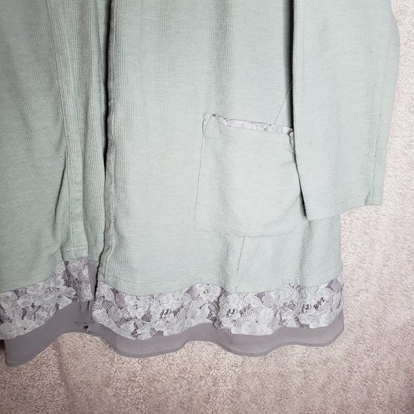LOGO Lori Goldstein Knit Cardigan Womens XL Mint Green Lace Trim Open Front - Picture 4 of 4